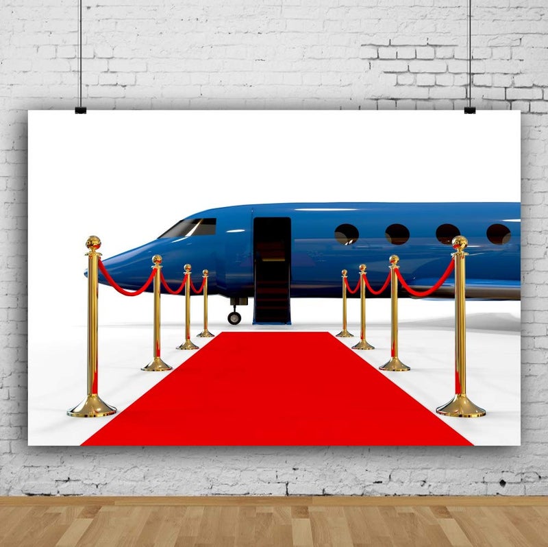 AOFOTO 10x7ft Airport Pickup Red Carpet Backdrop Gold Bannister Blue Luxury Open Door Airplane VIP Background Photo Studio Props Vinly Stars Reception Party Photo Shoot Decoration - Image 2